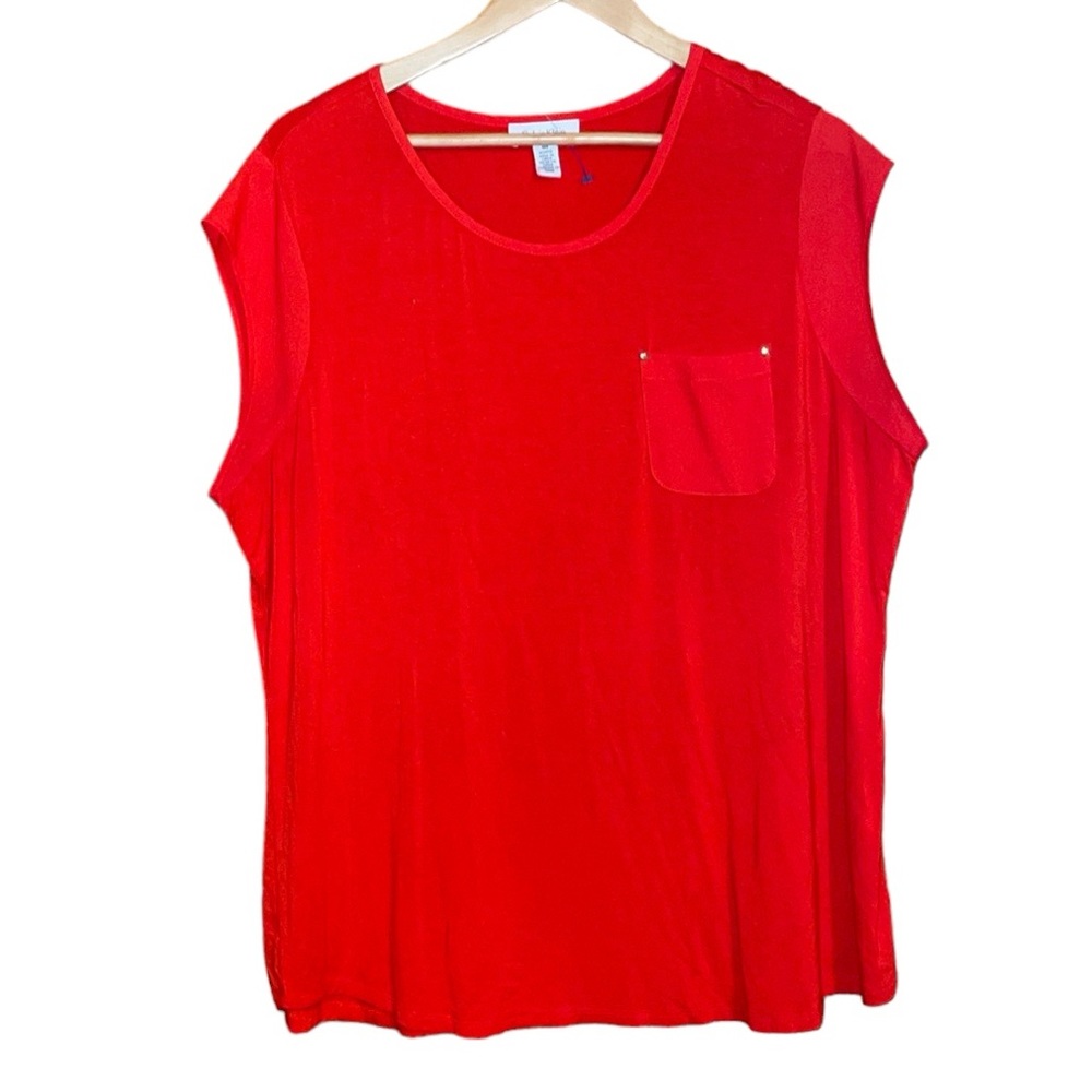 •CALVIN KLEIN•RED FLOWY POCKET SHORT SLEEVE SCOOPNECK BLOUSE SIZE 1X EUC